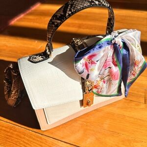 Aldo White/Beige Handbag with Floral Scarf Accent. NEW but no tags!